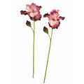 Two artificial iris flowers with pink and white striped petals, dark burgundy tips, and long green stems on a plain white background.