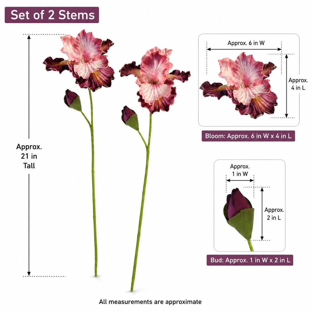 Set of 2 artificial iris stems with pink and purple flowers, green stems, and buds, shown with dimension diagrams and approximate measurements on a white background.