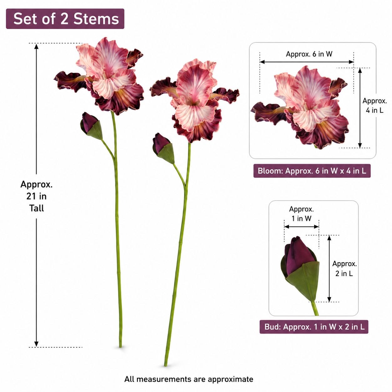 Set of 2 artificial iris stems with pink and purple flowers, green stems, and buds, shown with dimension diagrams and approximate measurements on a white background.