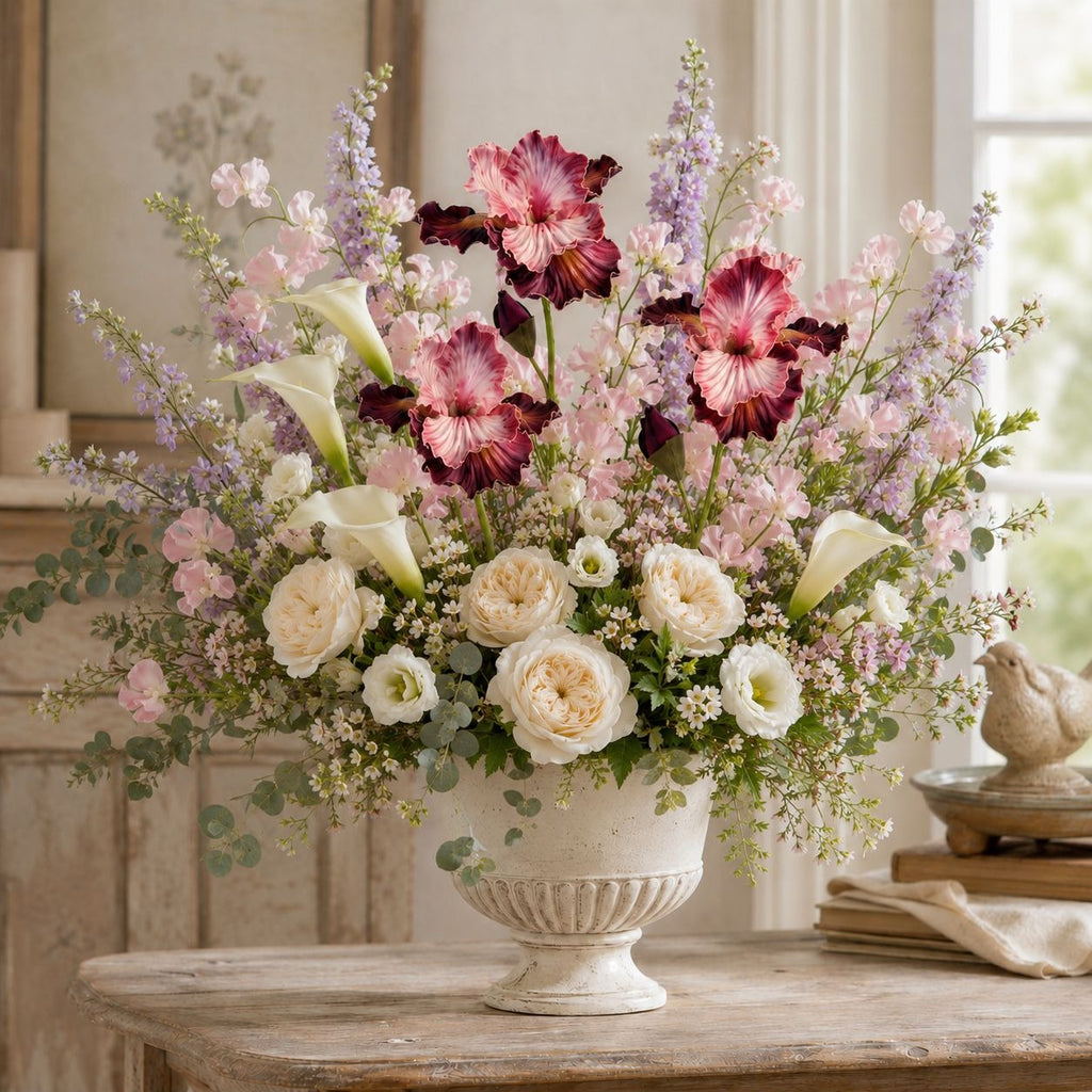 A large, elegant floral arrangement in a white ribbed urn vase, set on a rustic wooden table in a softly lit room. The bouquet features deep burgundy irises, light pink roses, cream calla lilies, and lavender delphiniums with green foliage.