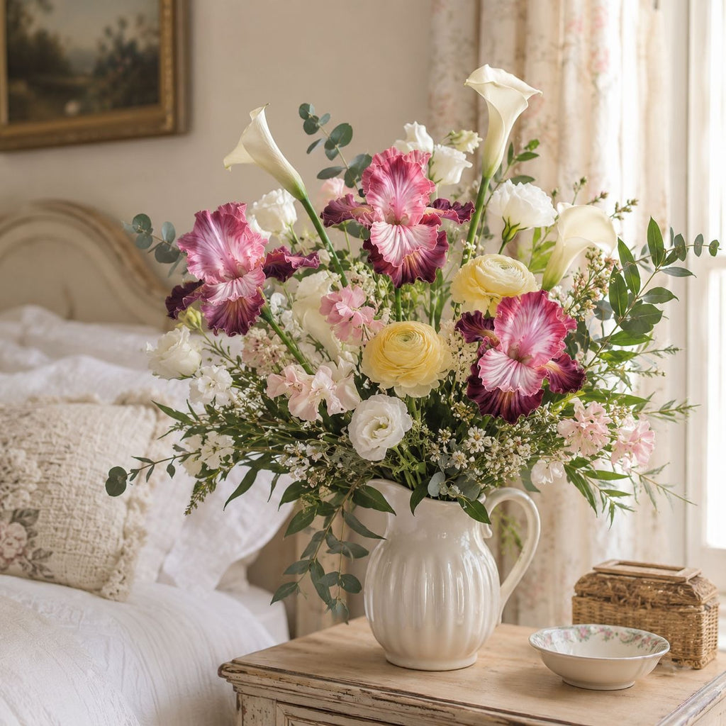 A large, vibrant floral arrangement in a white ribbed ceramic pitcher, displayed on a rustic wooden bedside table in a beautifully decorated bedroom.