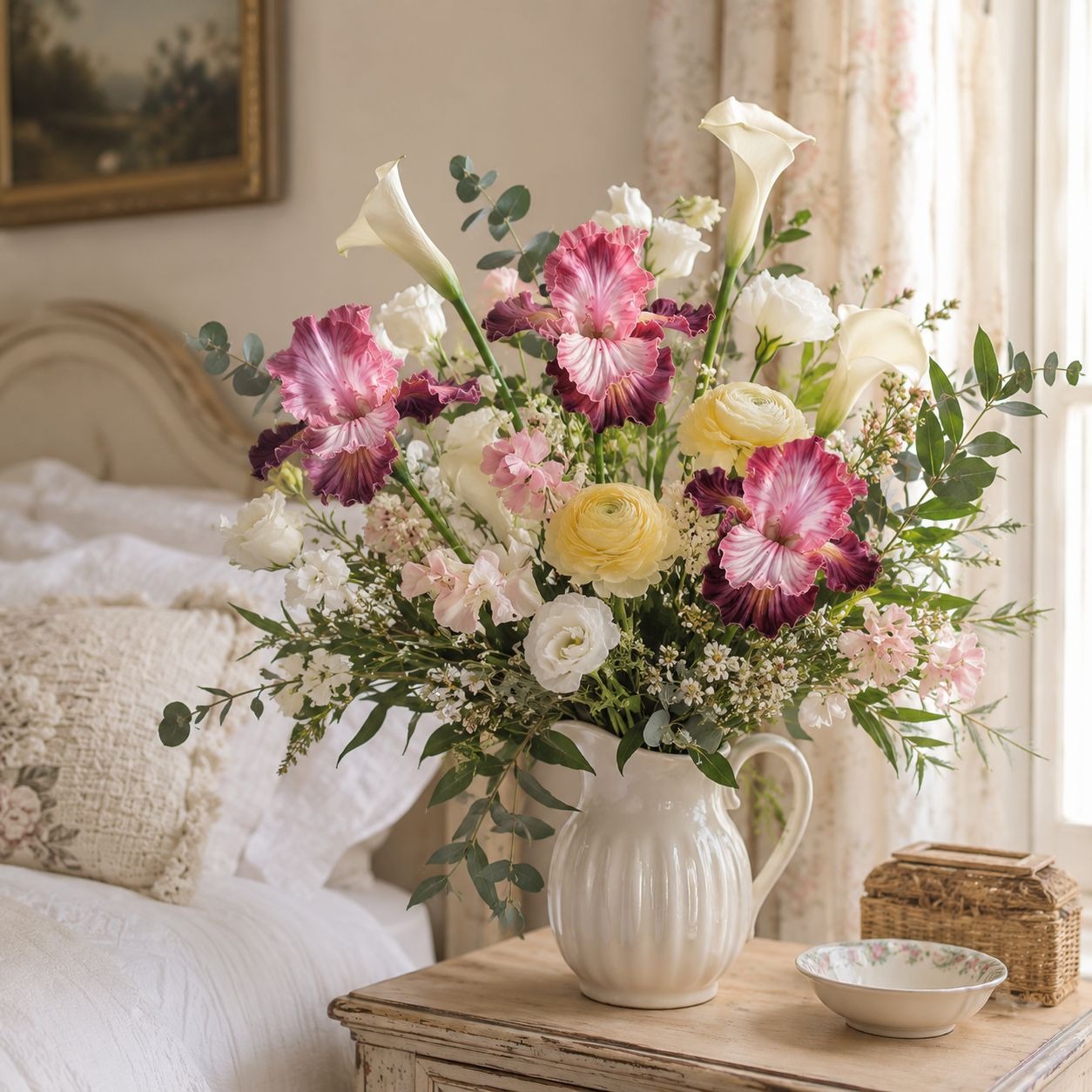 A large, vibrant floral arrangement in a white ribbed ceramic pitcher, displayed on a rustic wooden bedside table in a beautifully decorated bedroom.