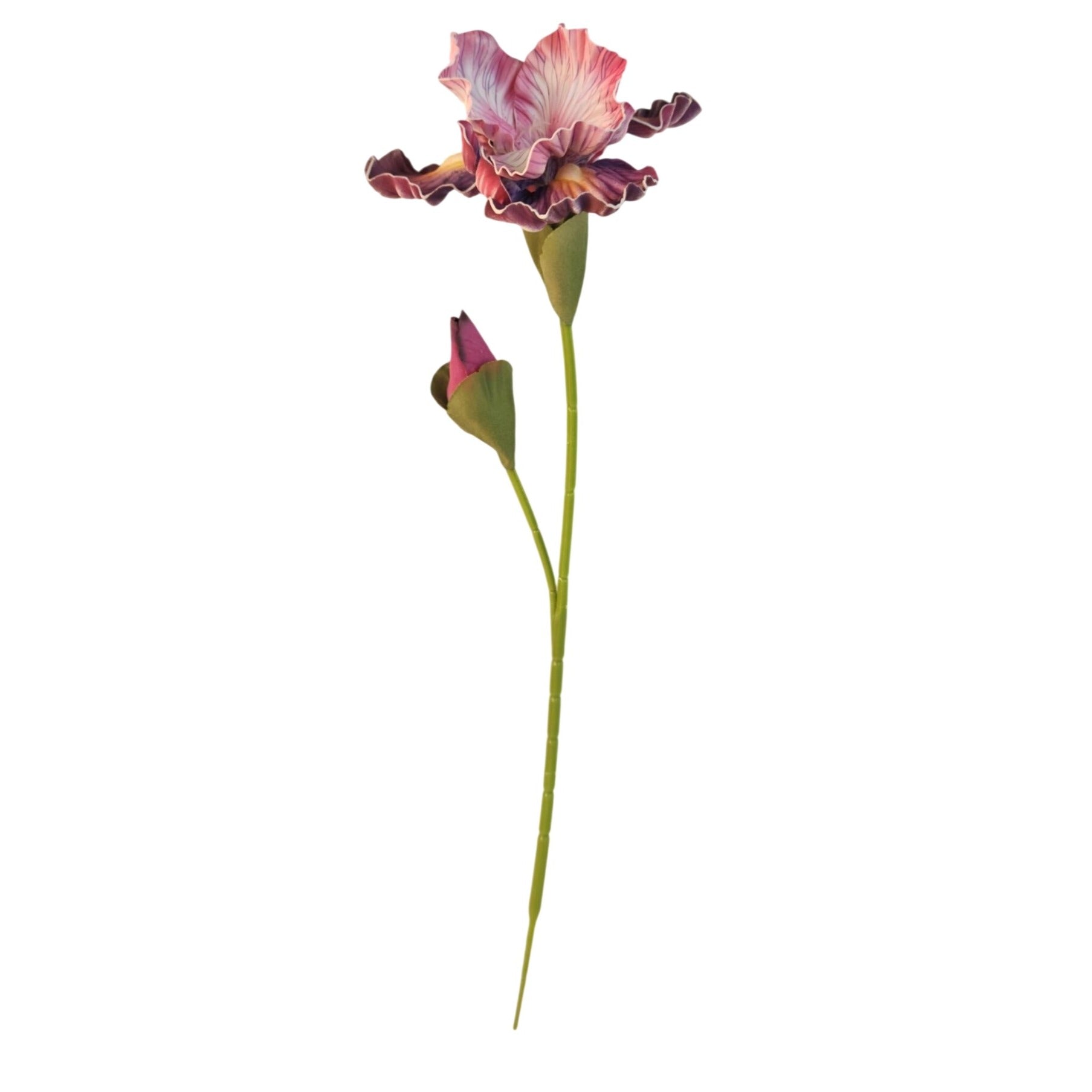 A single artificial iris flower with ruffled pink and white petals, deep burgundy edges, and a green stem, shown on a plain white background with a second closed bud below.