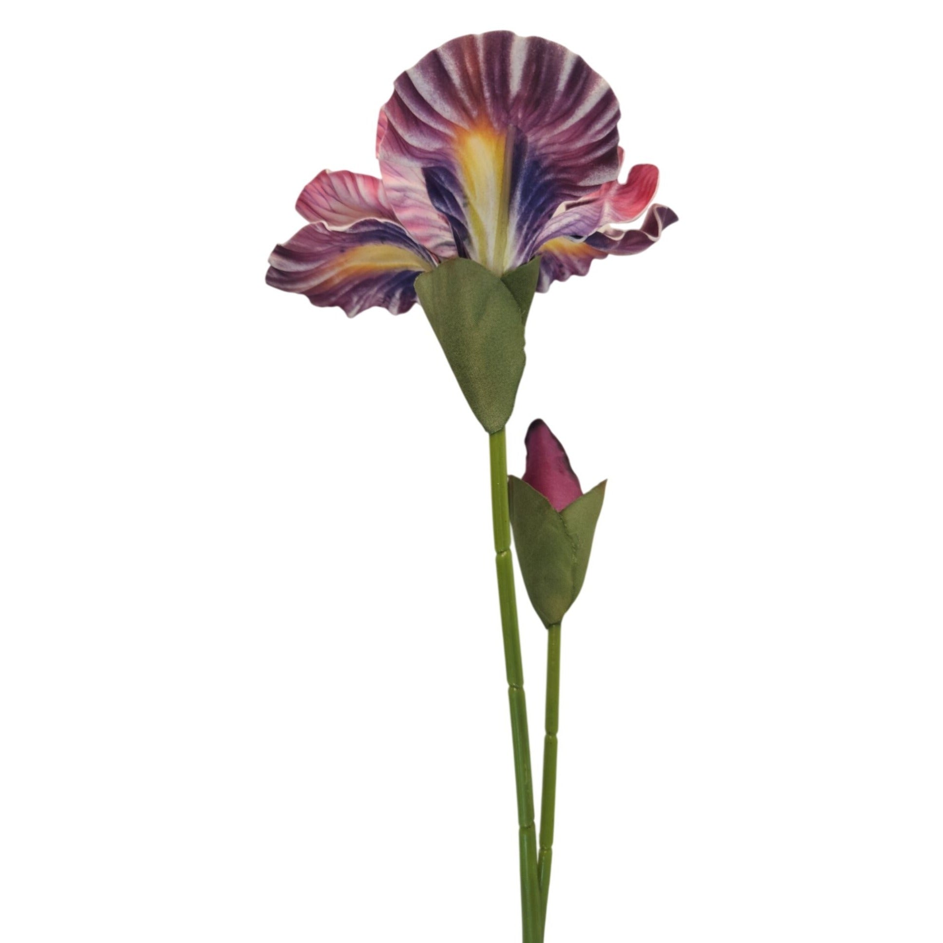 An artificial iris flower with a purple, pink, and yellow striped bloom, green leaves, and two stems including one bud, isolated on a white background.