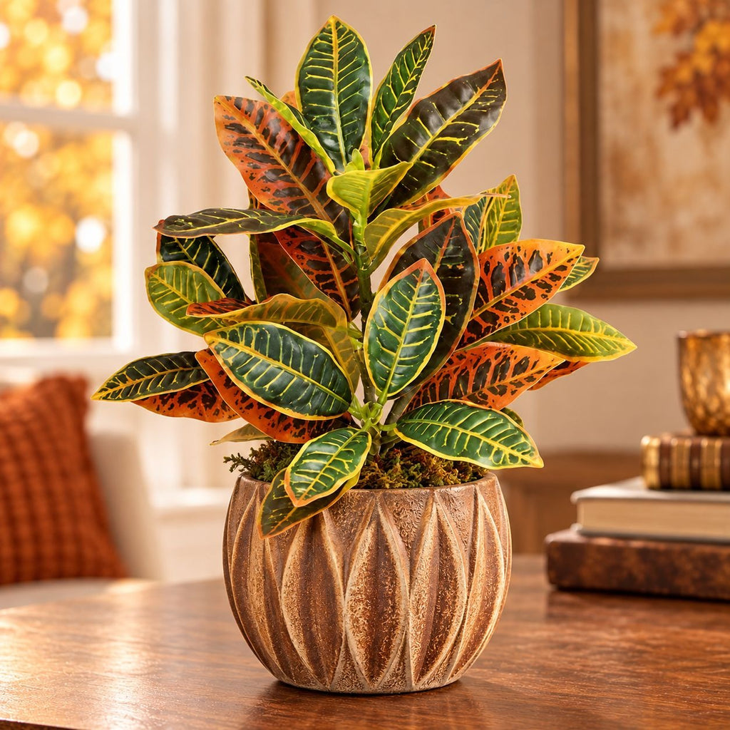 Artificial Croton Plant 13 Inch Real Touch Fall Foliage with Wired Stem