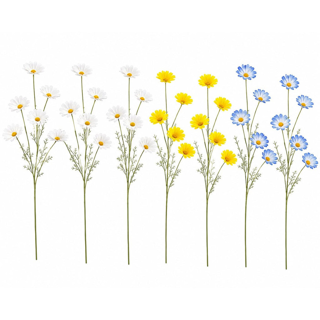 Mixed Color Artificial Daisy Stems Set of 7, Blue White Yellow Faux Silk Flowers, 20 Inch, 35 Blooms