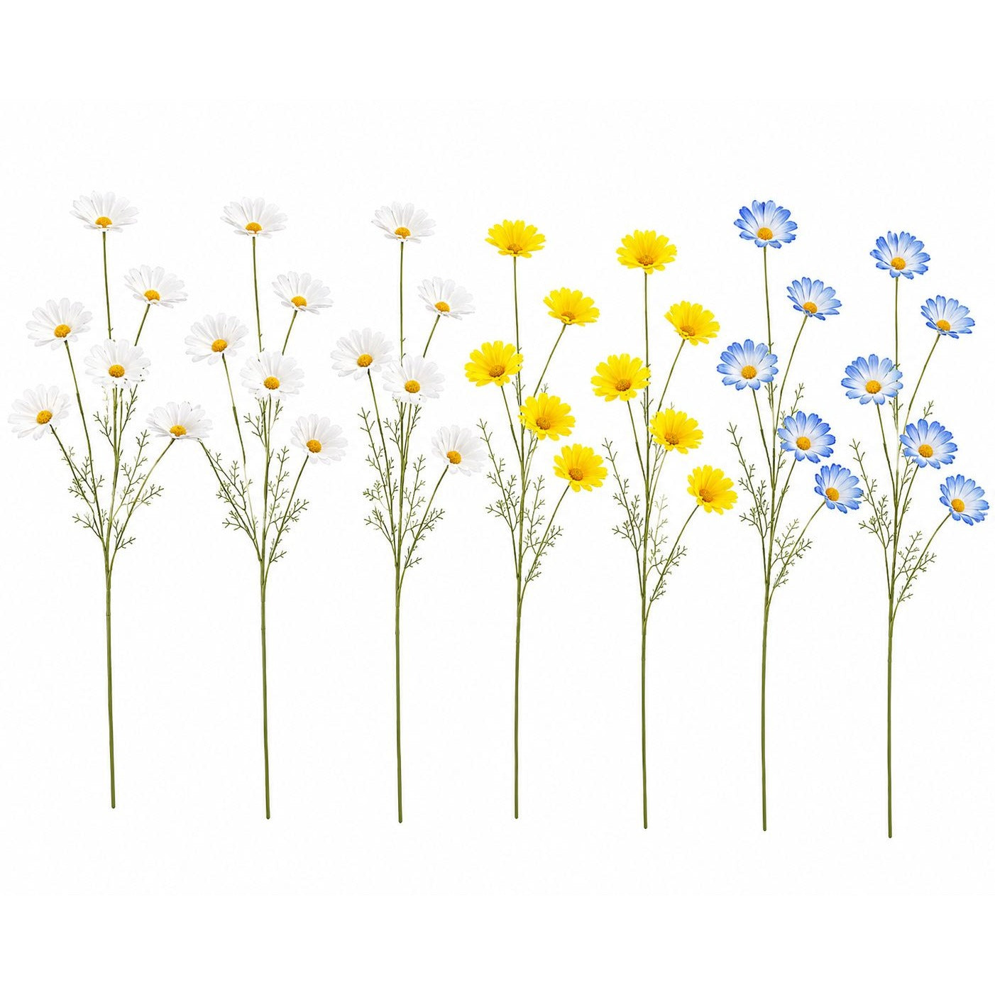 Mixed Color Artificial Daisy Stems Set of 7, Blue White Yellow Faux Silk Flowers, 20 Inch, 35 Blooms