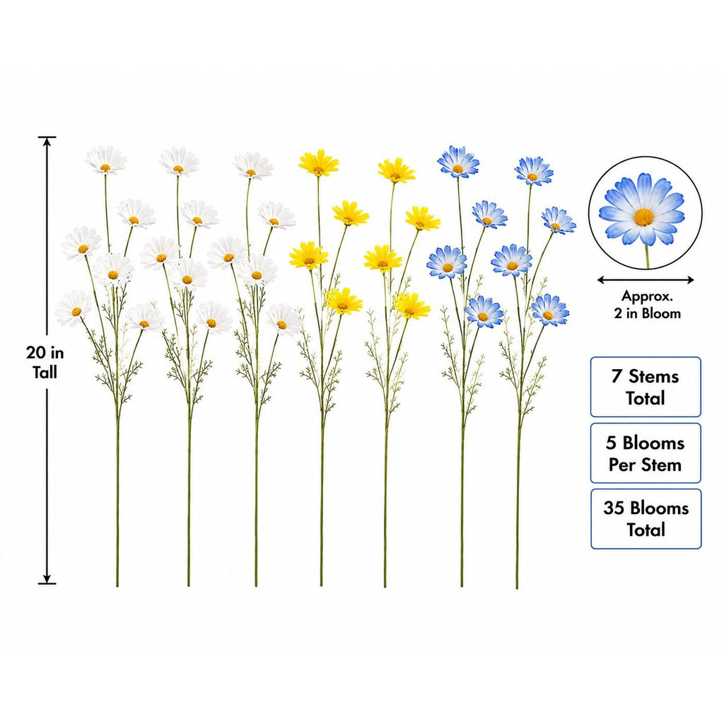 Mixed Color Artificial Daisy Stems Set of 7, Blue White Yellow Faux Silk Flowers, 20 Inch, 35 Blooms