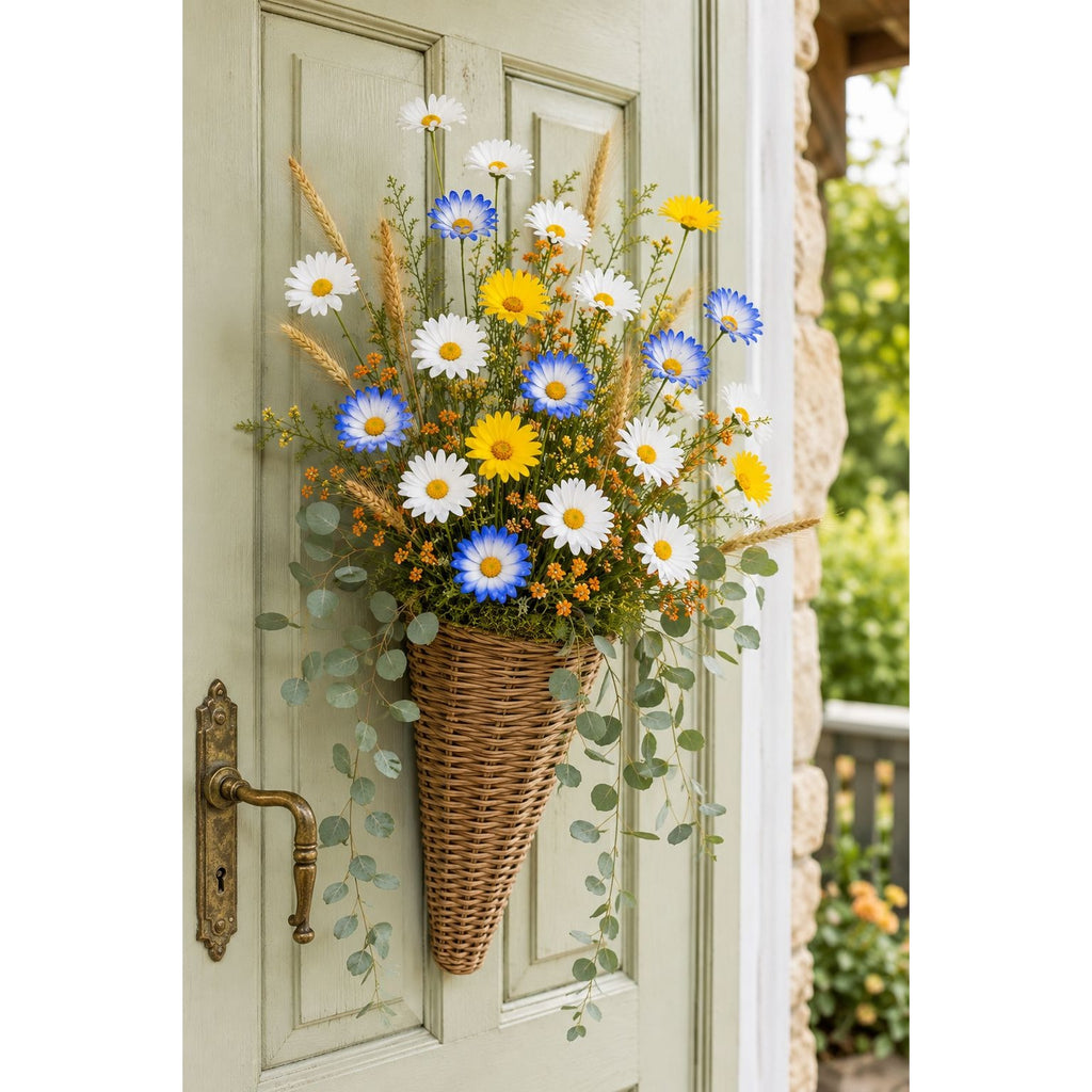 Mixed Color Artificial Daisy Stems Set of 7, Blue White Yellow Faux Silk Flowers, 20 Inch, 35 Blooms