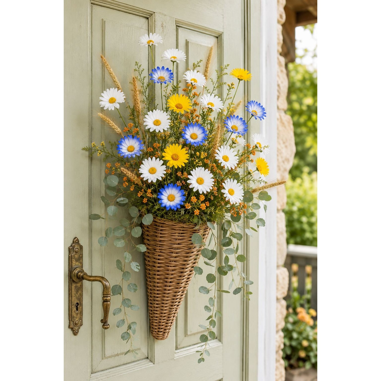 Mixed Color Artificial Daisy Stems Set of 7, Blue White Yellow Faux Silk Flowers, 20 Inch, 35 Blooms