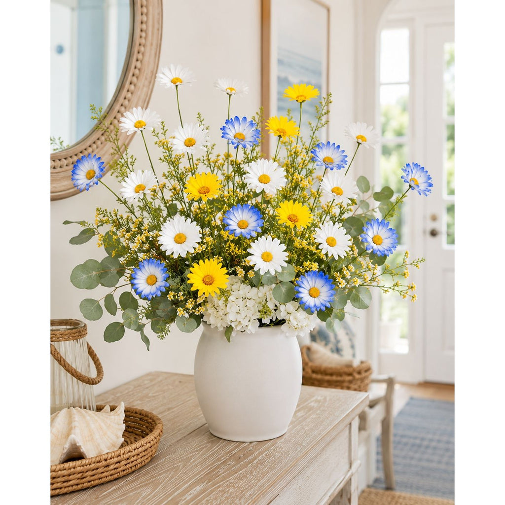 Mixed Color Artificial Daisy Stems Set of 7, Blue White Yellow Faux Silk Flowers, 20 Inch, 35 Blooms