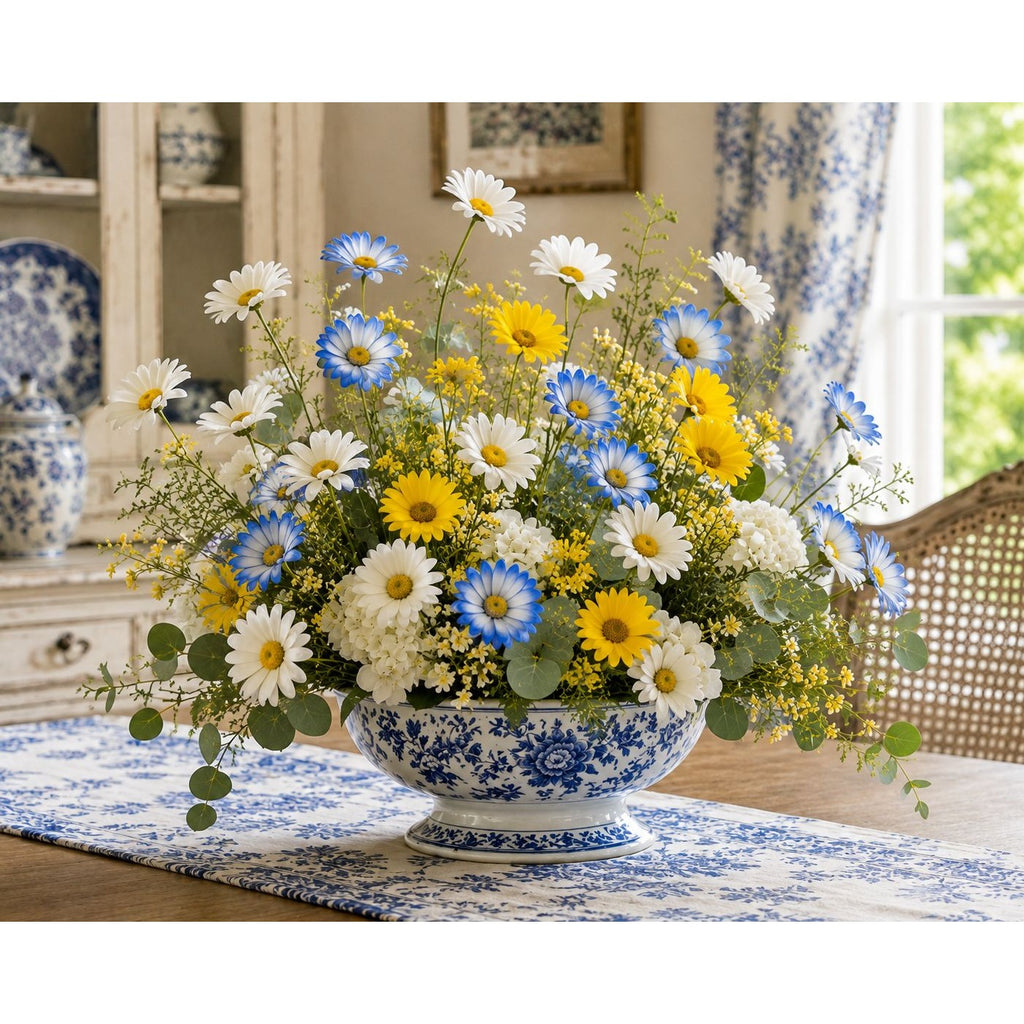 Mixed Color Artificial Daisy Stems Set of 7, Blue White Yellow Faux Silk Flowers, 20 Inch, 35 Blooms