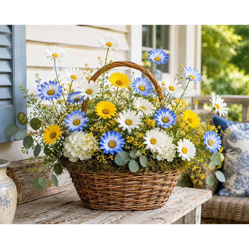 Mixed Color Artificial Daisy Stems Set of 7, Blue White Yellow Faux Silk Flowers, 20 Inch, 35 Blooms