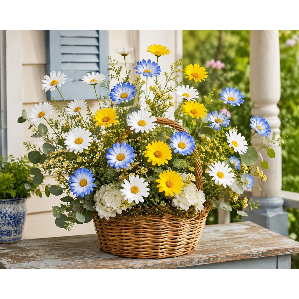 Mixed Color Artificial Daisy Stems Set of 7, Blue White Yellow Faux Silk Flowers, 20 Inch, 35 Blooms