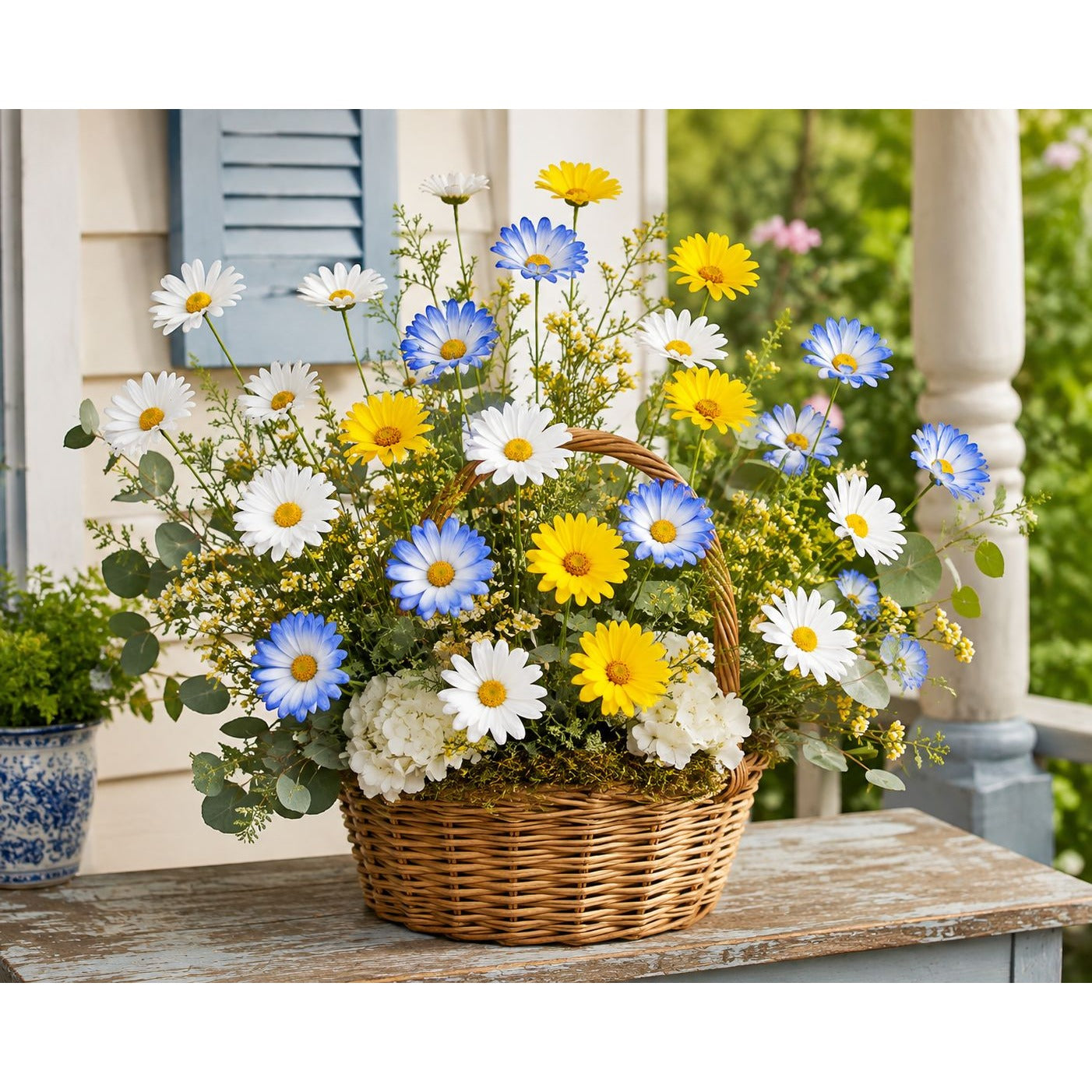 Mixed Color Artificial Daisy Stems Set of 7, Blue White Yellow Faux Silk Flowers, 20 Inch, 35 Blooms