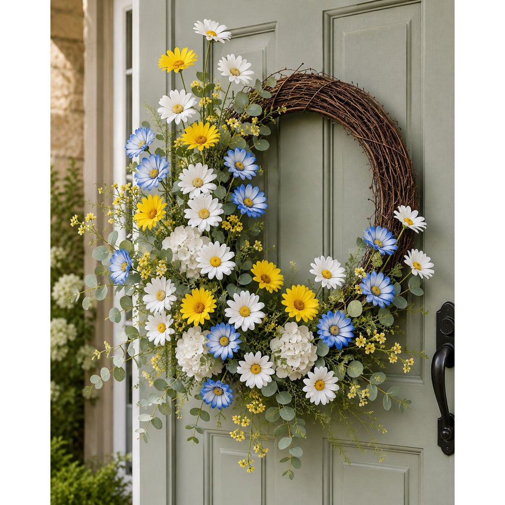 Mixed Color Artificial Daisy Stems Set of 7, Blue White Yellow Faux Silk Flowers, 20 Inch, 35 Blooms