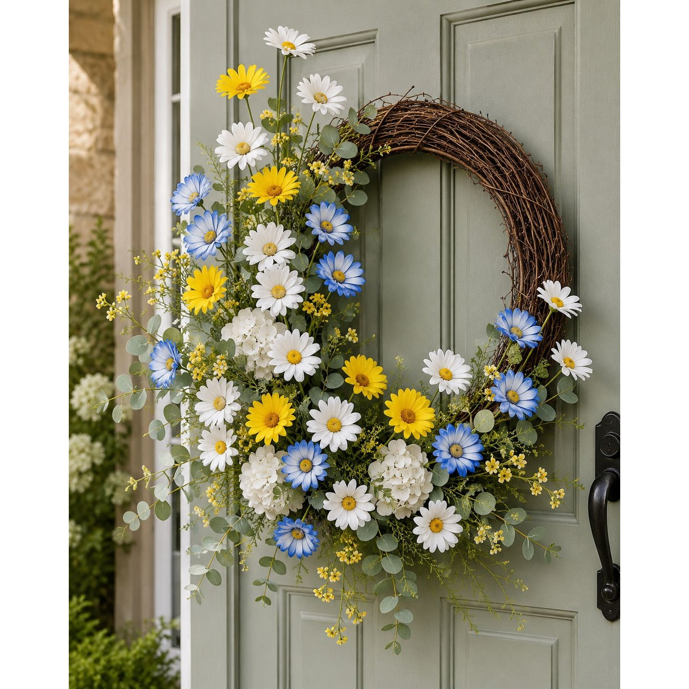Mixed Color Artificial Daisy Stems Set of 7, Blue White Yellow Faux Silk Flowers, 20 Inch, 35 Blooms