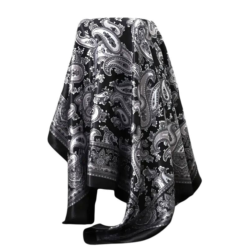 Black & White Paisley Design Satin Square Scarf 34x34 Inches Elegant Fashion Accessory