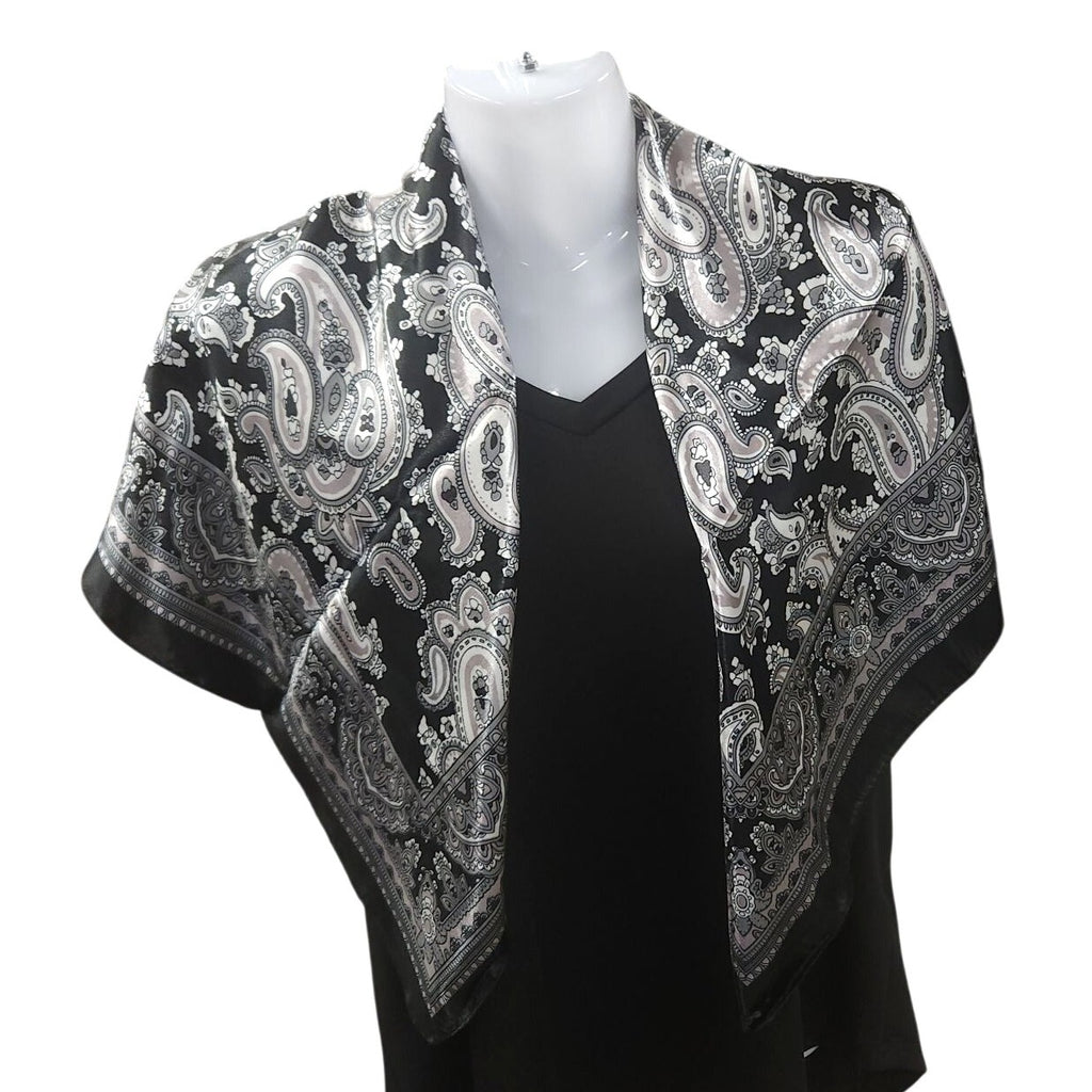 Black & White Paisley Design Satin Square Scarf 34x34 Inches Elegant Fashion Accessory