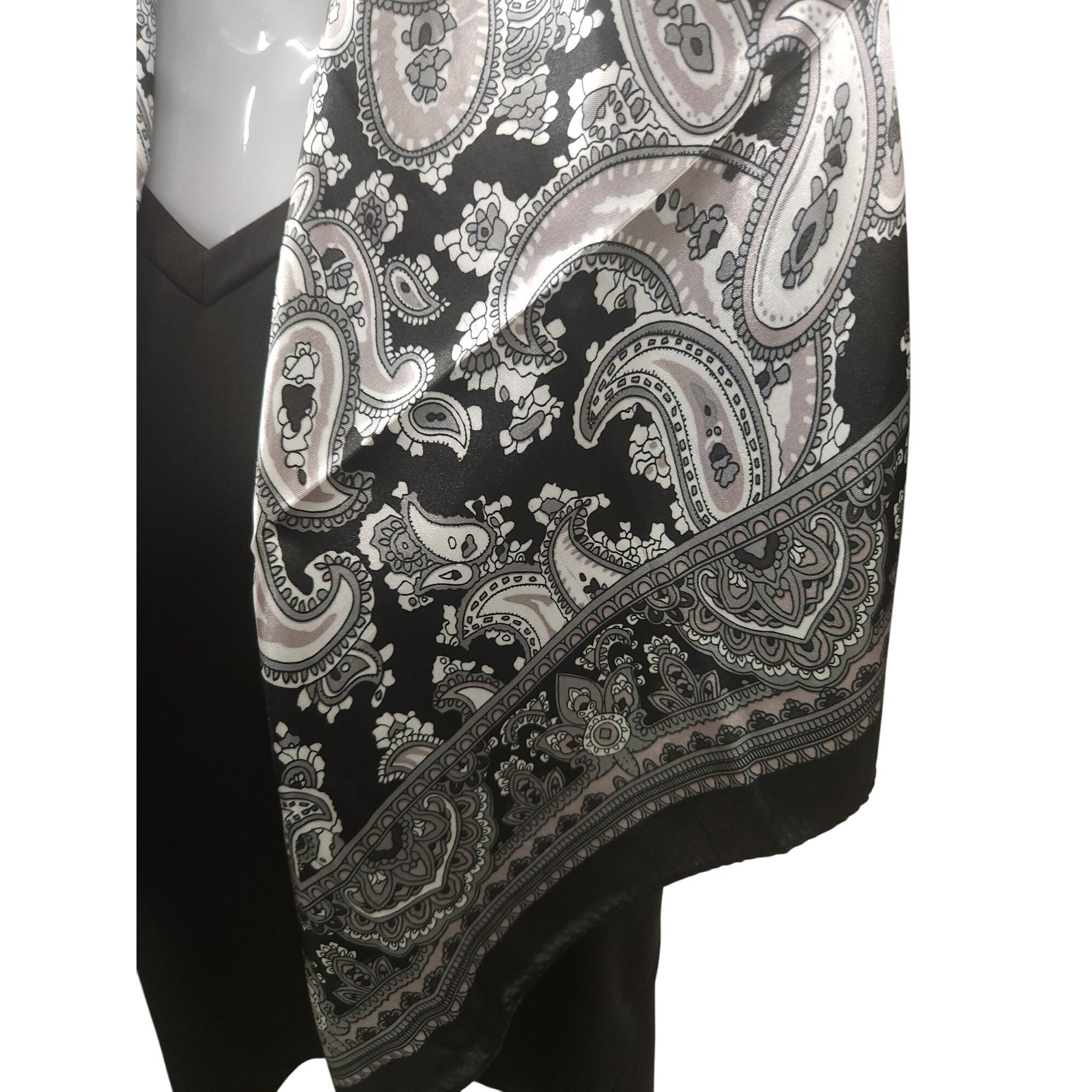 Black & White Paisley Design Satin Square Scarf 34x34 Inches Elegant Fashion Accessory