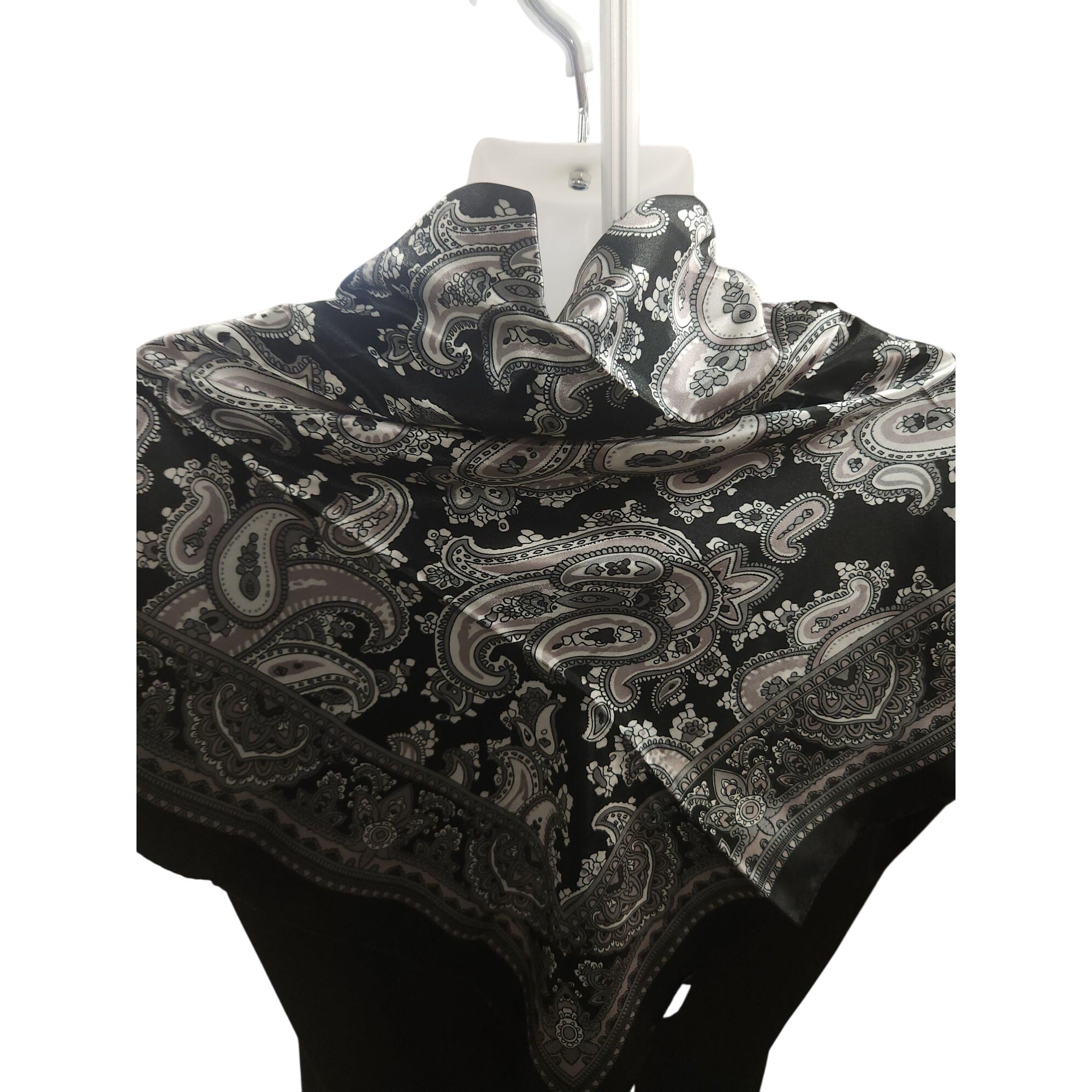 Black & White Paisley Design Satin Square Scarf 34x34 Inches Elegant Fashion Accessory