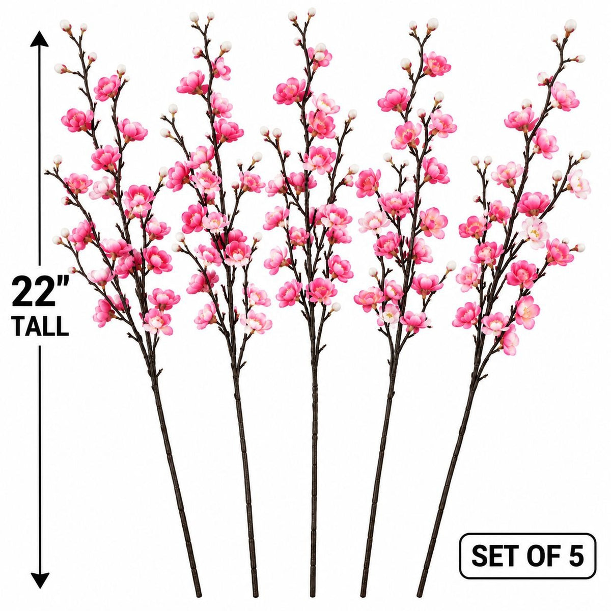 Pink Artificial Cherry Blossom Stems, Set of 5, 22-Inch Branches