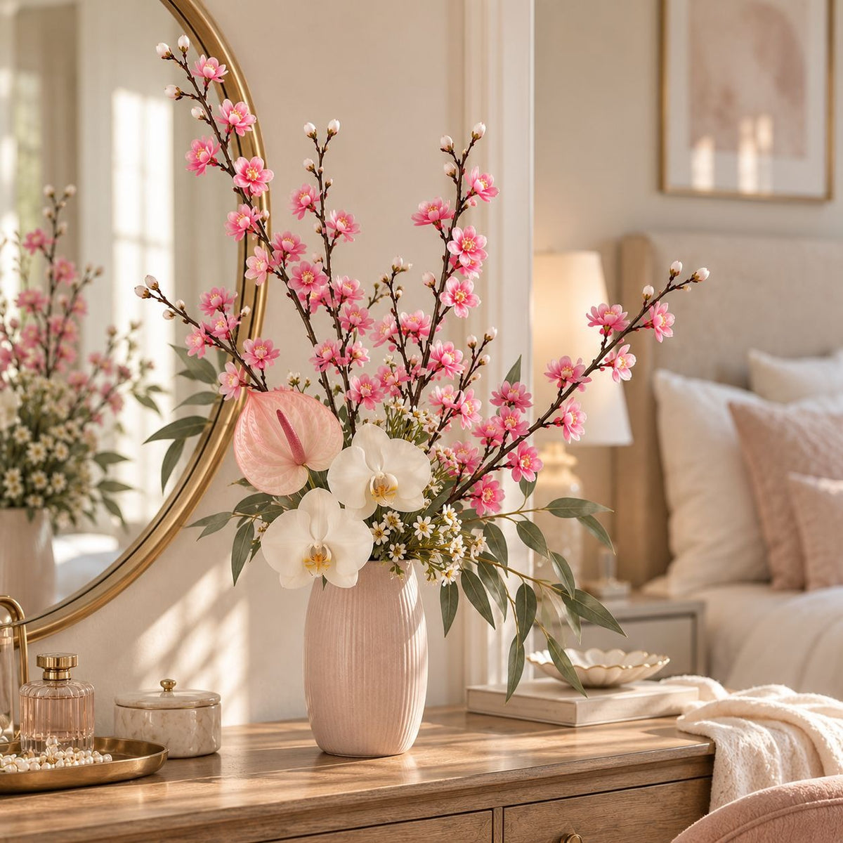 Pink Artificial Cherry Blossom Stems, Set of 5, 22-Inch Branches