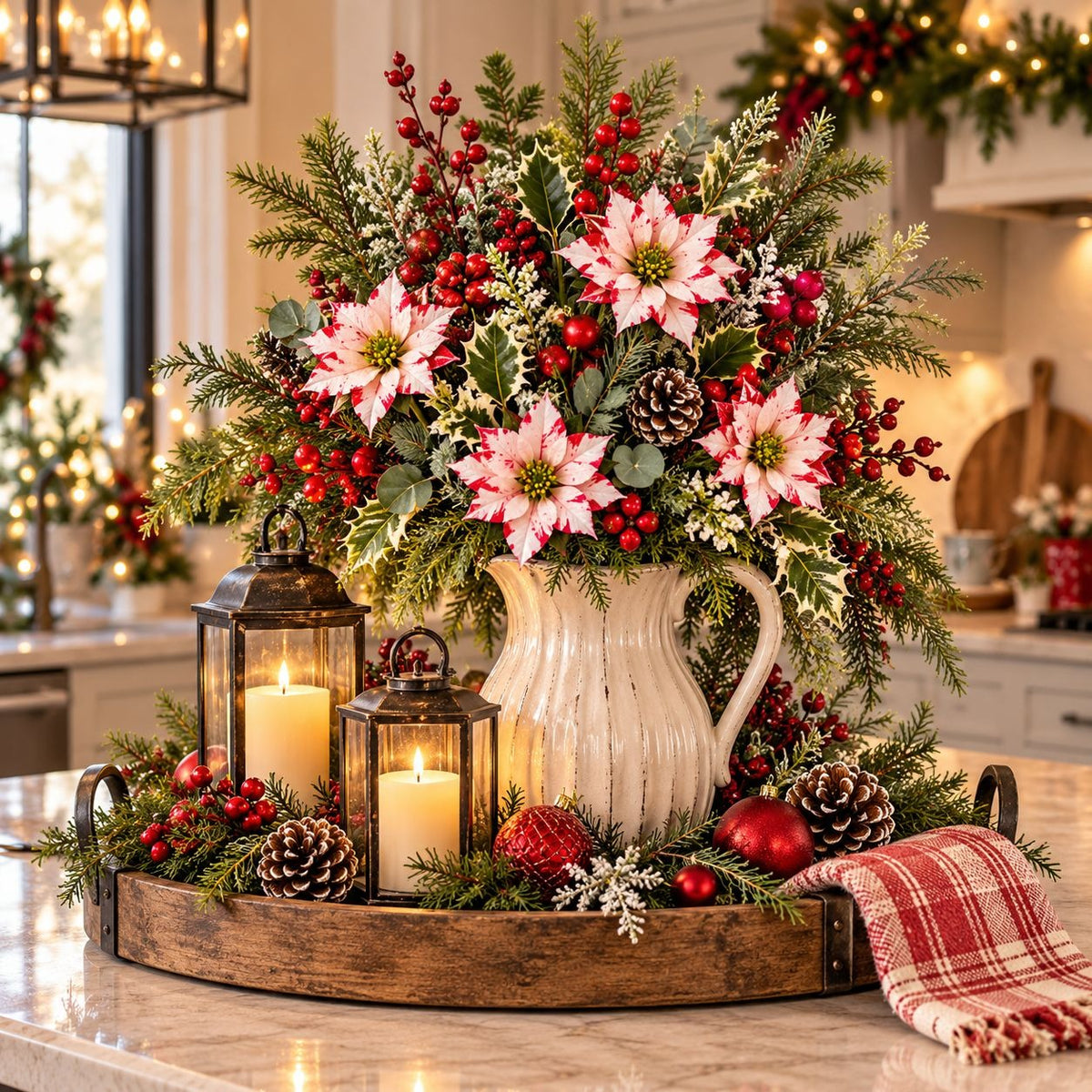A festive Christmas floral centerpiece arranged in a cream ceramic pitcher on a wooden tray, with lit lanterns, pinecones, red berries, and a red plaid throw in a bright kitchen setting.