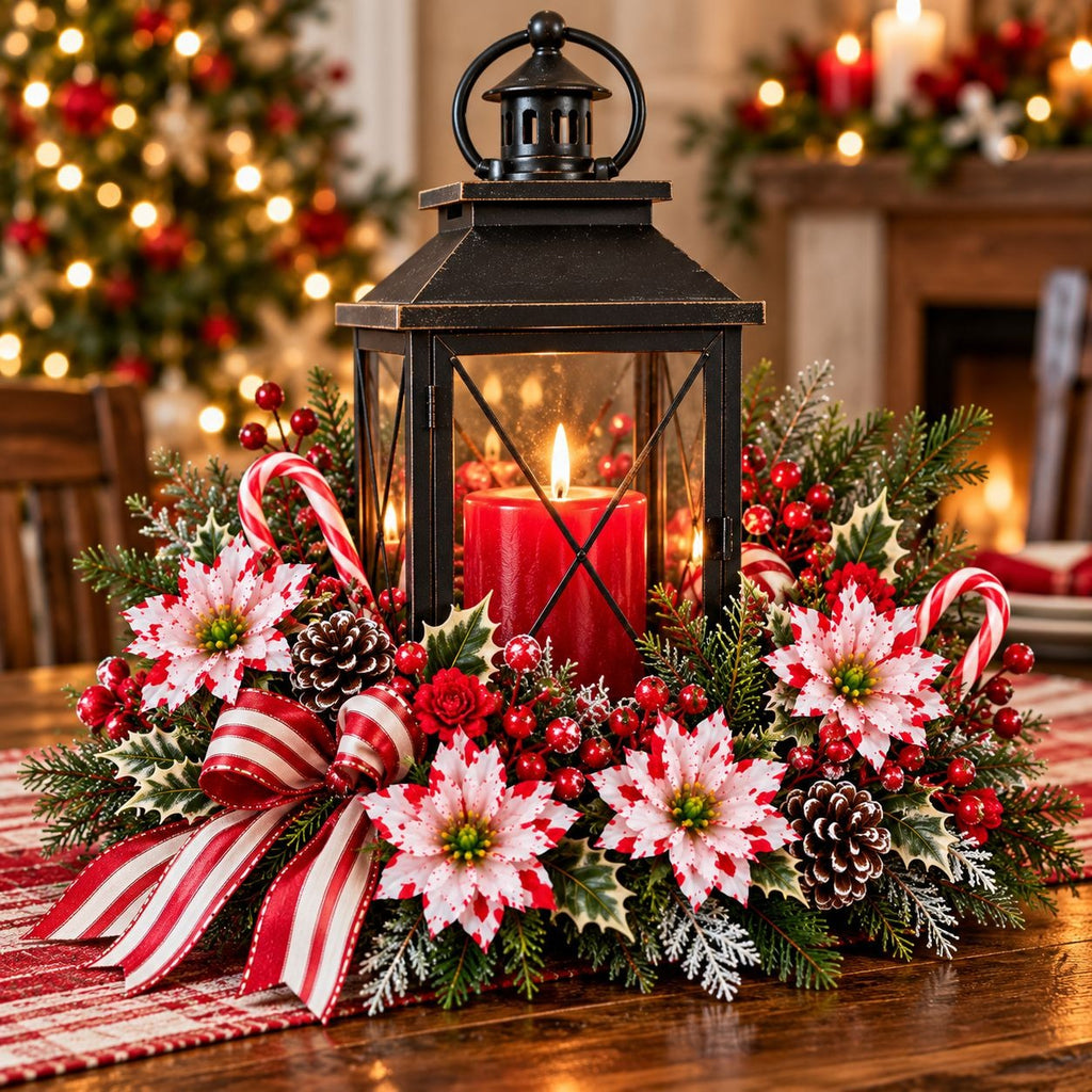 A festive Christmas table centerpiece featuring a black lantern with a lit red pillar candle, surrounded by red-and-white striped ribbons, poinsettias, holly, pinecones, candy canes, and red berries on a wooden table, with a blurred holiday background.