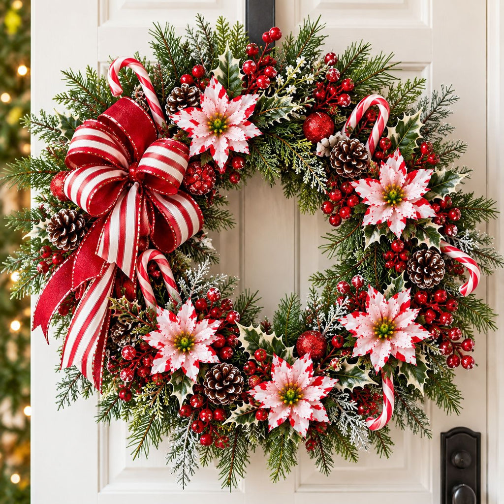 A festive Christmas wreath hanging on a white paneled door, decorated with green pine branches, red berries, white poinsettias, pinecones, candy canes, and a large red and white striped bow.