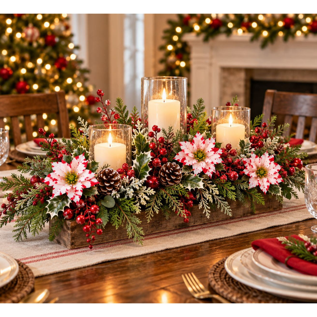 A festive Christmas table centerpiece in a wooden box, decorated with green pine branches, red berries, pink and white poinsettias, pinecones, and three lit white pillar candles in clear glass holders, set on a dining table in a warmly lit holiday room.