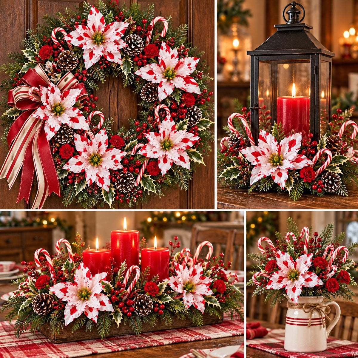 Faux Peppermint Poinsettia Picks, Set of 5, 13 Inch Red White Xmas Flowers