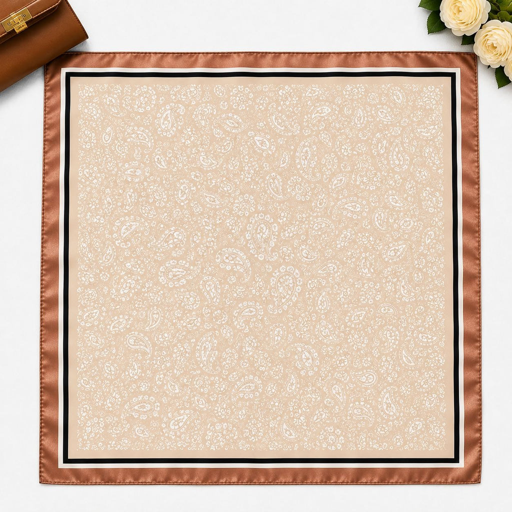Creamy Tan Paisley Satin Square Scarf 35x35 Western Cowgirl Old Money Quiet Luxury Hair Head Scarf