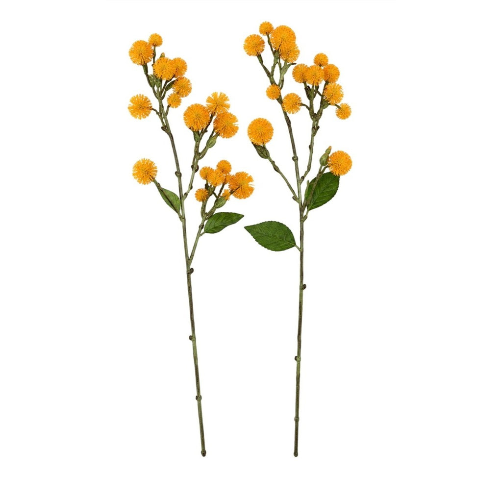 Yellow Faux Thistle Stems Set of 2, 20 Inch Artificial Wildflower Stems, Mustard Pom Pom Flowers for Vase Decor Wreaths Centerpieces