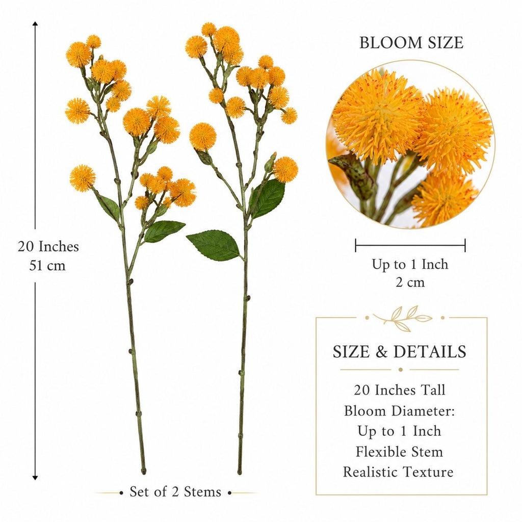 Yellow Faux Thistle Stems Set of 2, 20 Inch Artificial Wildflower Stems, Mustard Pom Pom Flowers for Vase Decor Wreaths Centerpieces