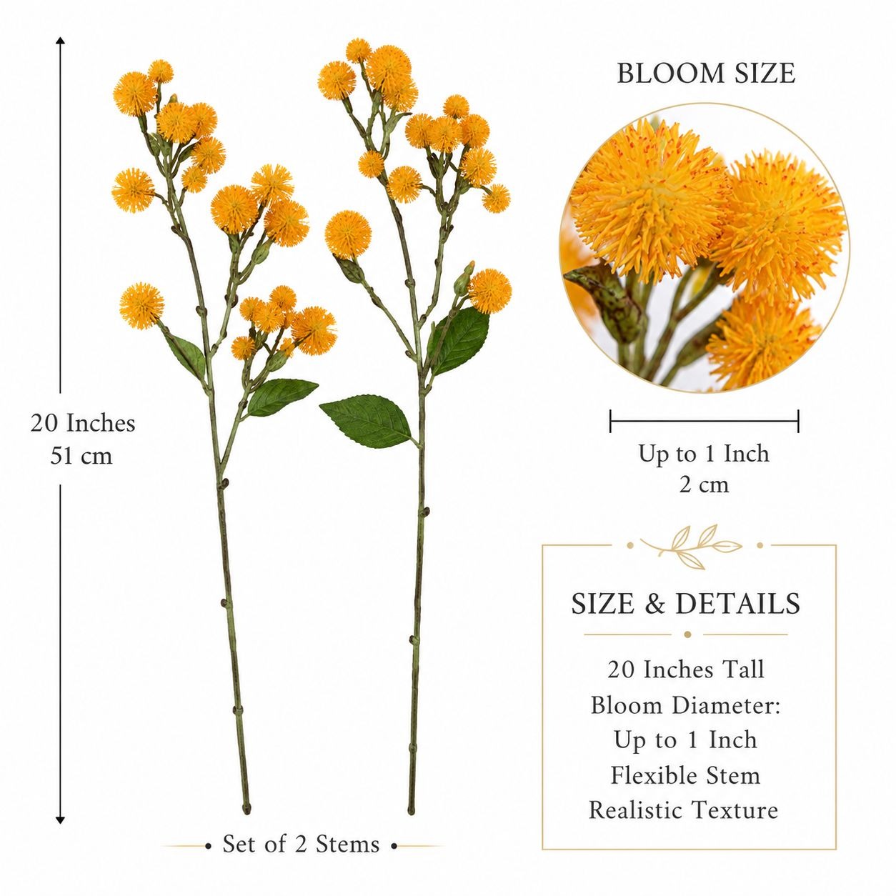 Yellow Faux Thistle Stems Set of 2, 20 Inch Artificial Wildflower Stems, Mustard Pom Pom Flowers for Vase Decor Wreaths Centerpieces