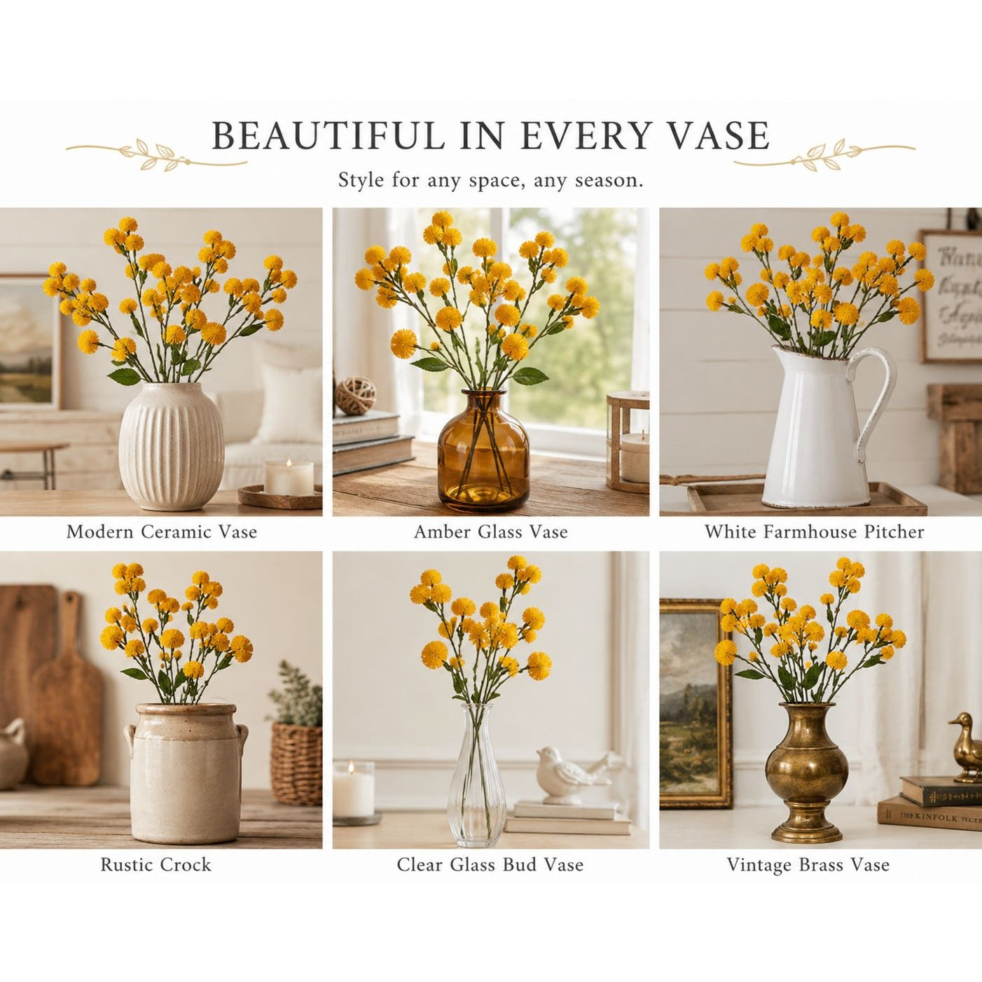Yellow Faux Thistle Stems Set of 2, 20 Inch Artificial Wildflower Stems, Mustard Pom Pom Flowers for Vase Decor Wreaths Centerpieces