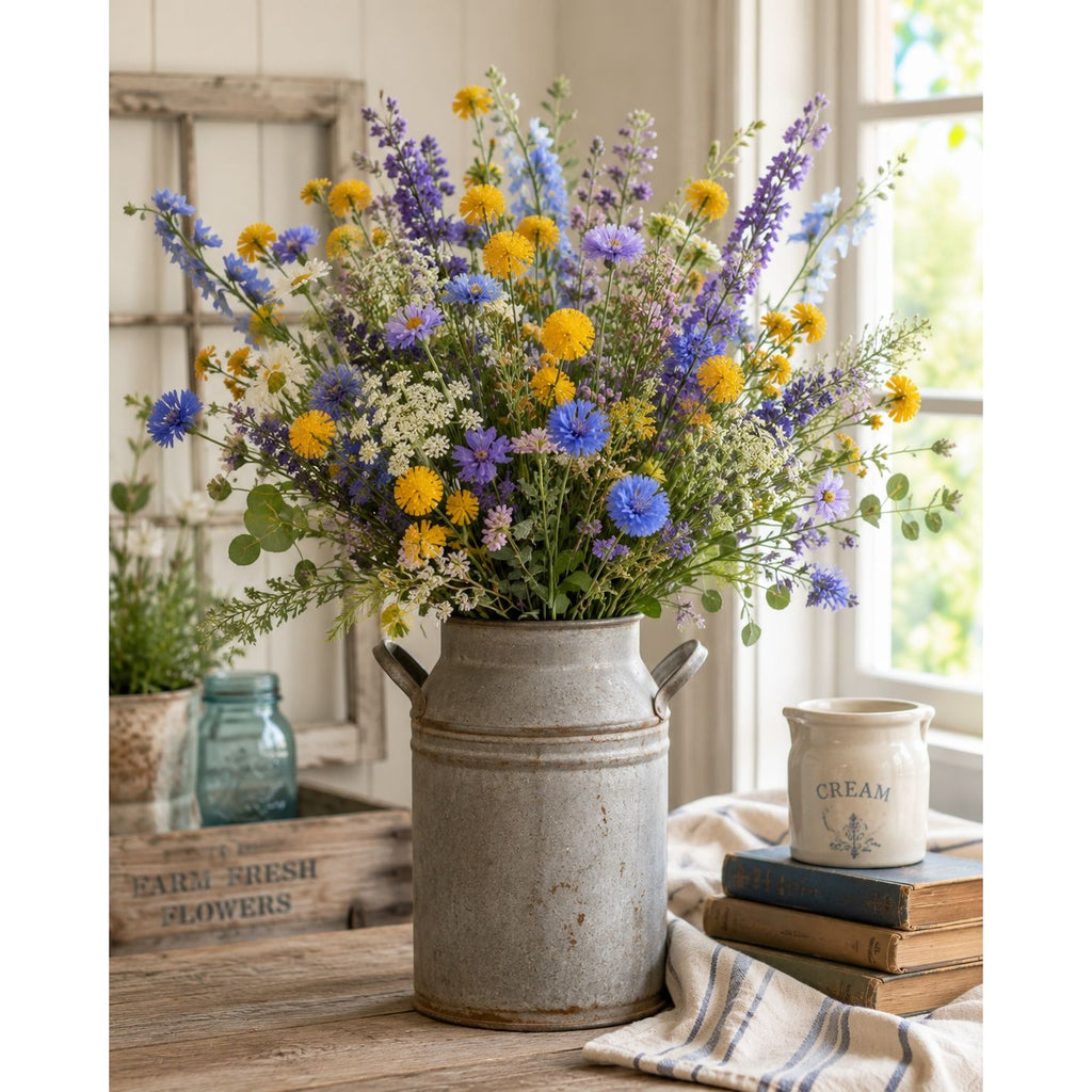 Yellow Faux Thistle Stems Set of 2, 20 Inch Artificial Wildflower Stems, Mustard Pom Pom Flowers for Vase Decor Wreaths Centerpieces