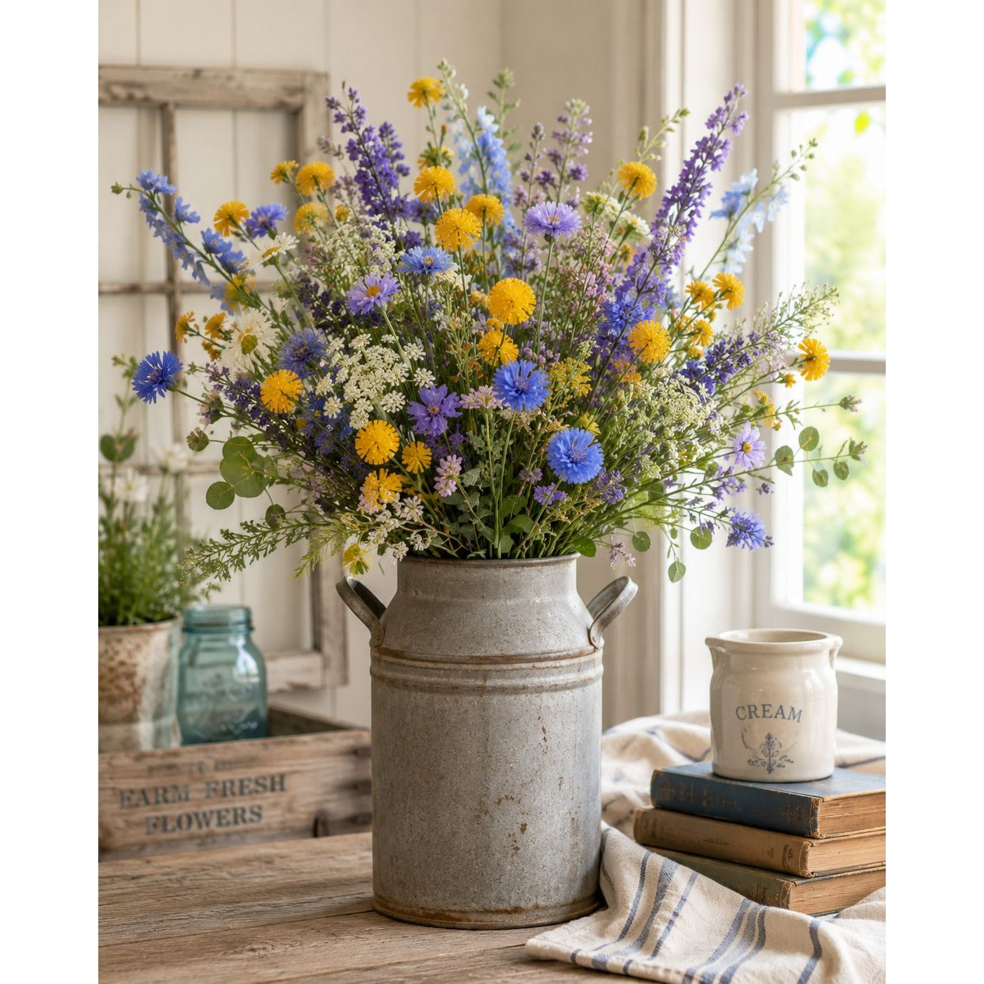 Yellow Faux Thistle Stems Set of 2, 20 Inch Artificial Wildflower Stems, Mustard Pom Pom Flowers for Vase Decor Wreaths Centerpieces