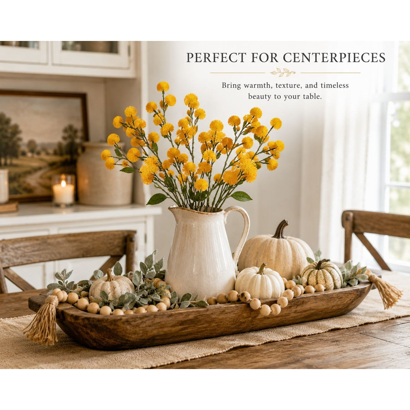Yellow Faux Thistle Stems Set of 2, 20 Inch Artificial Wildflower Stems, Mustard Pom Pom Flowers for Vase Decor Wreaths Centerpieces