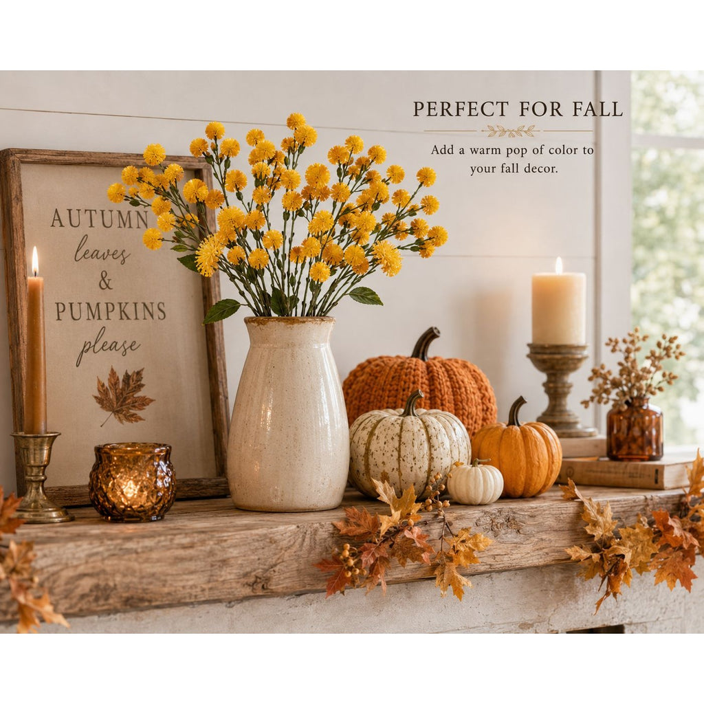 Yellow Faux Thistle Stems Set of 2, 20 Inch Artificial Wildflower Stems, Mustard Pom Pom Flowers for Vase Decor Wreaths Centerpieces