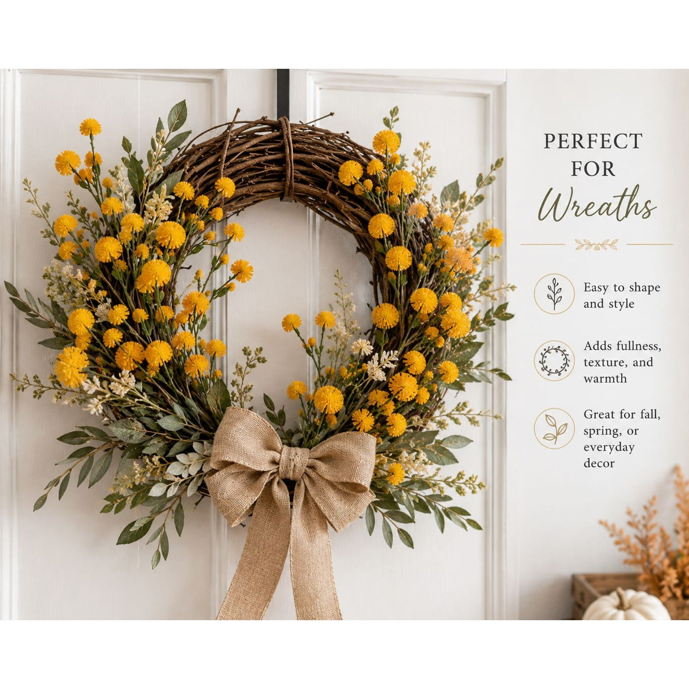 Yellow Faux Thistle Stems Set of 2, 20 Inch Artificial Wildflower Stems, Mustard Pom Pom Flowers for Vase Decor Wreaths Centerpieces