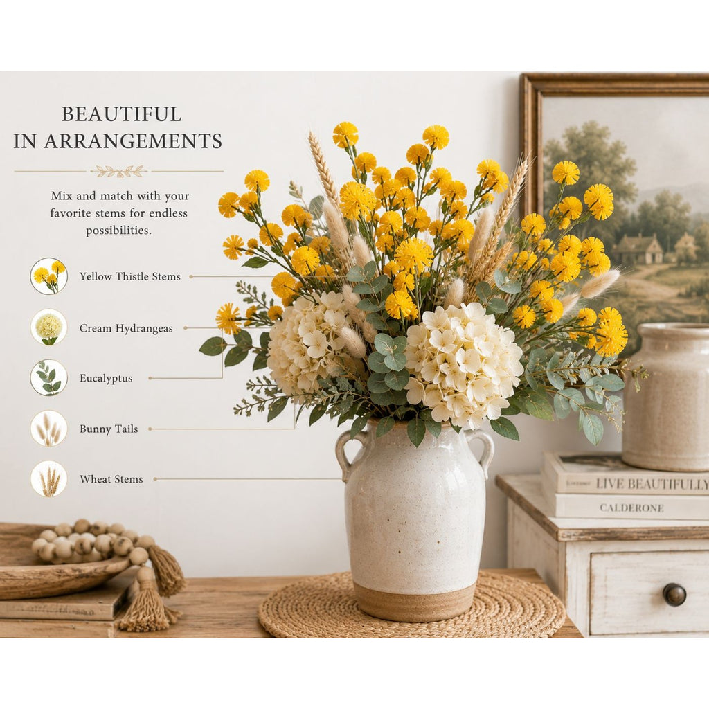 Yellow Faux Thistle Stems Set of 2, 20 Inch Artificial Wildflower Stems, Mustard Pom Pom Flowers for Vase Decor Wreaths Centerpieces