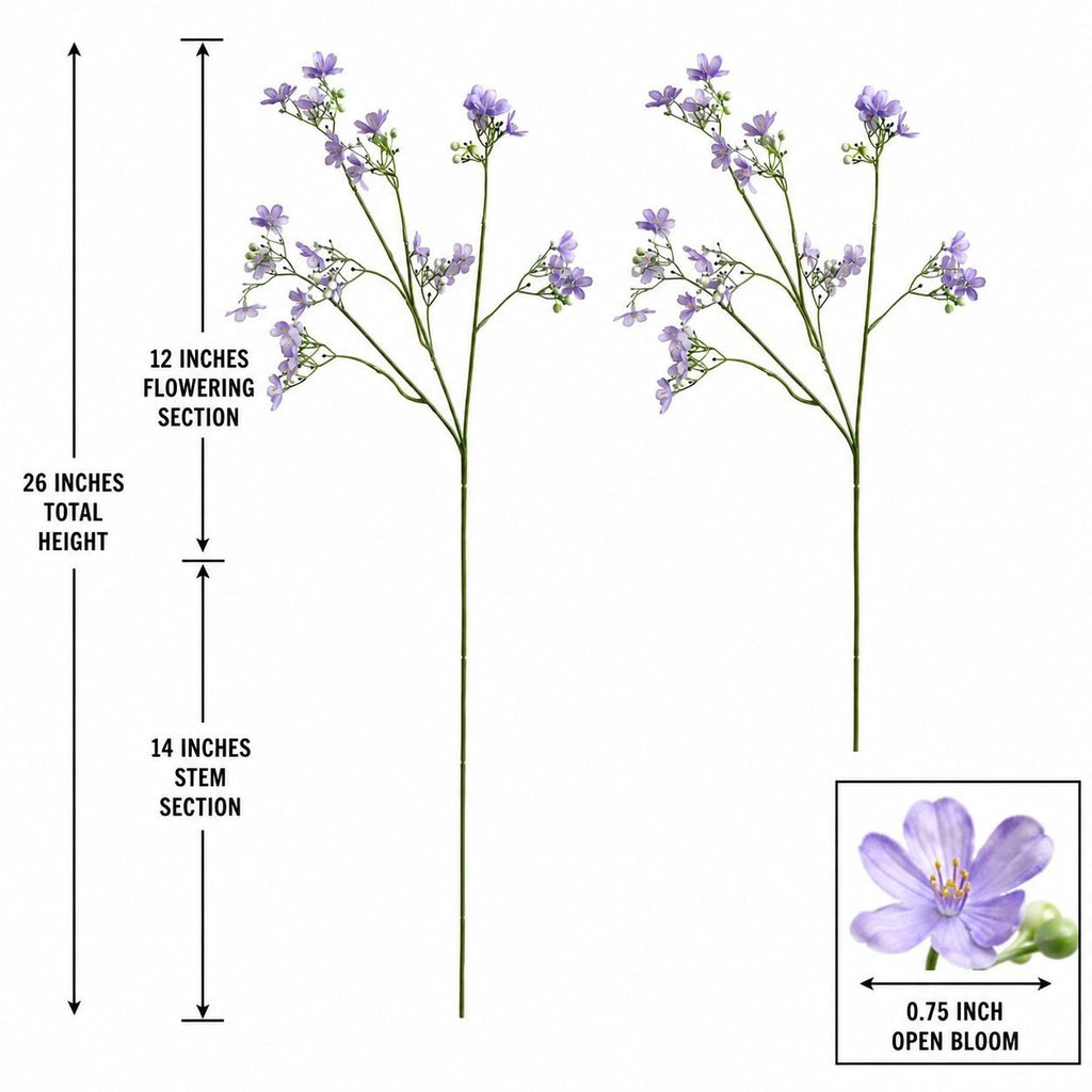 Diagram showing a faux flowering stem product with labeled dimensions: 26 inches total height, 12 inches flowering section, and 14 inches stem section. A small inset shows a single purple open bloom measuring 0.