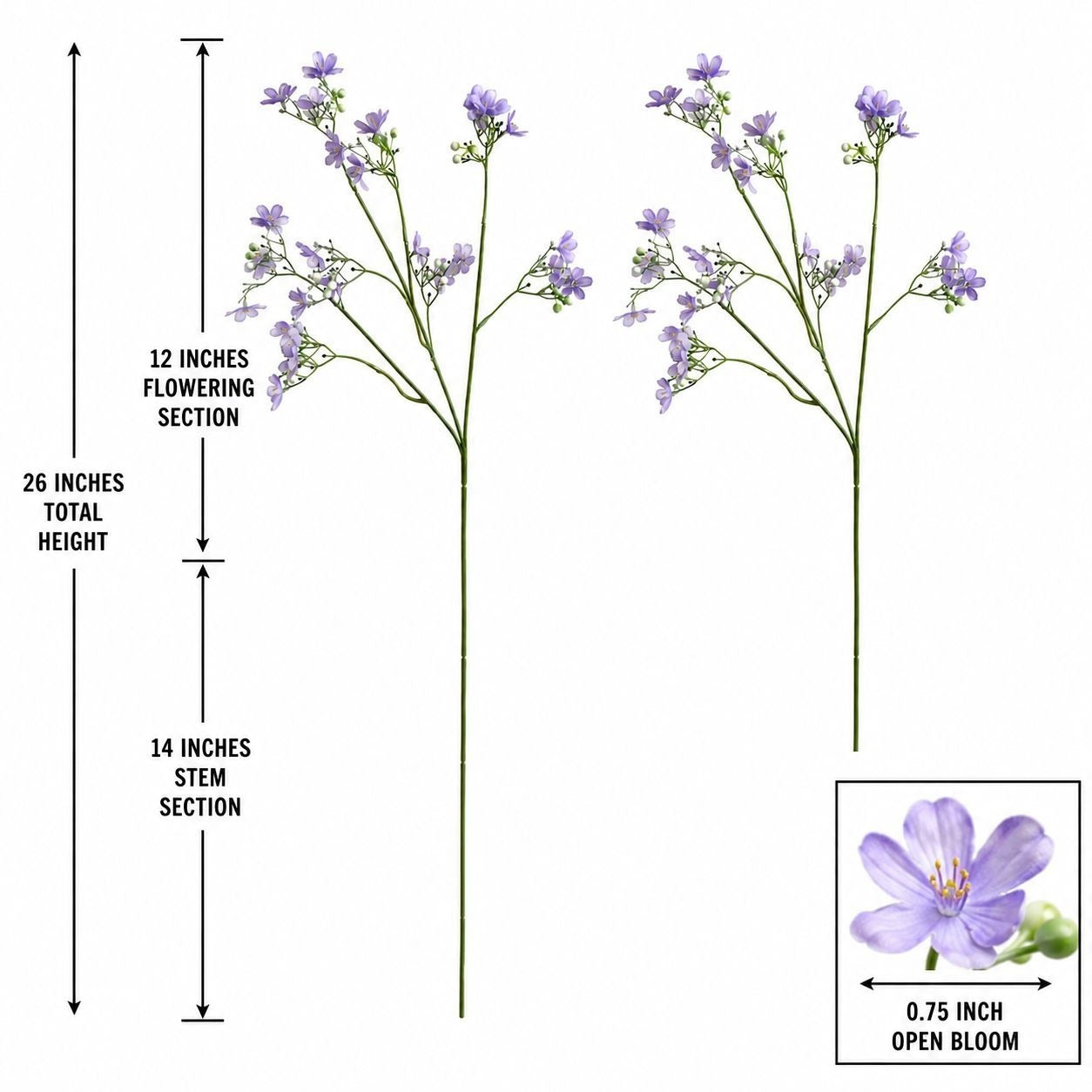 Diagram showing a faux flowering stem product with labeled dimensions: 26 inches total height, 12 inches flowering section, and 14 inches stem section. A small inset shows a single purple open bloom measuring 0.