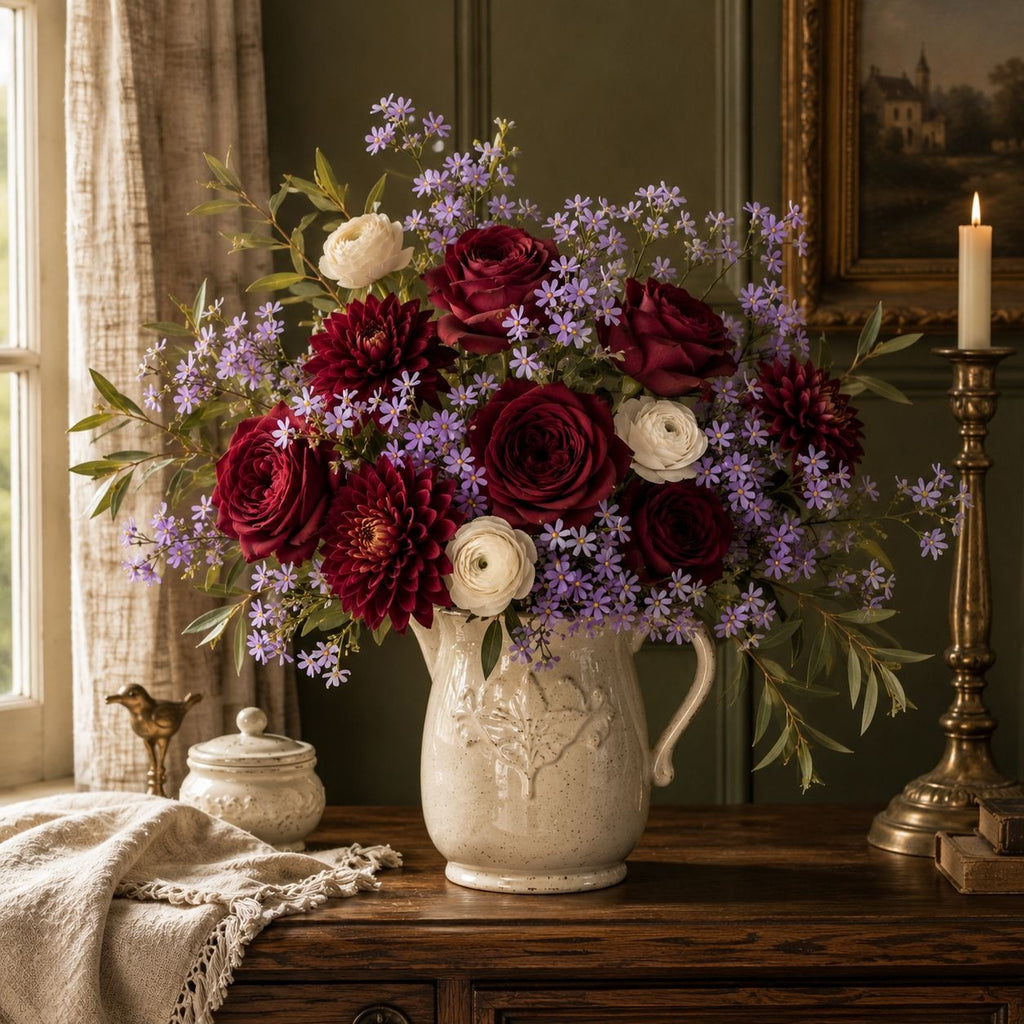 A large floral arrangement in a distressed cream-colored ceramic pitcher, featuring deep burgundy roses, white ranunculus, and purple wildflowers, displayed on a dark wooden table in a rustic room.