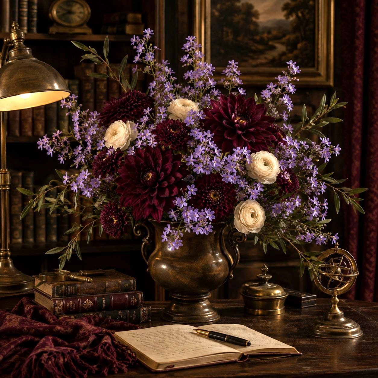 A large, elegant floral arrangement in a bronze urn vase, featuring deep burgundy dahlias, light purple starflowers, and cream roses, styled on a dark wooden desk with a lamp, books, and an open notebook.