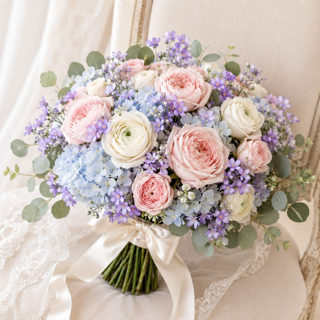 A bridal bouquet of pink and white flowers with light blue hydrangeas, purple filler blossoms, and green eucalyptus leaves, tied with a cream satin ribbon and draped over a lace-covered surface.