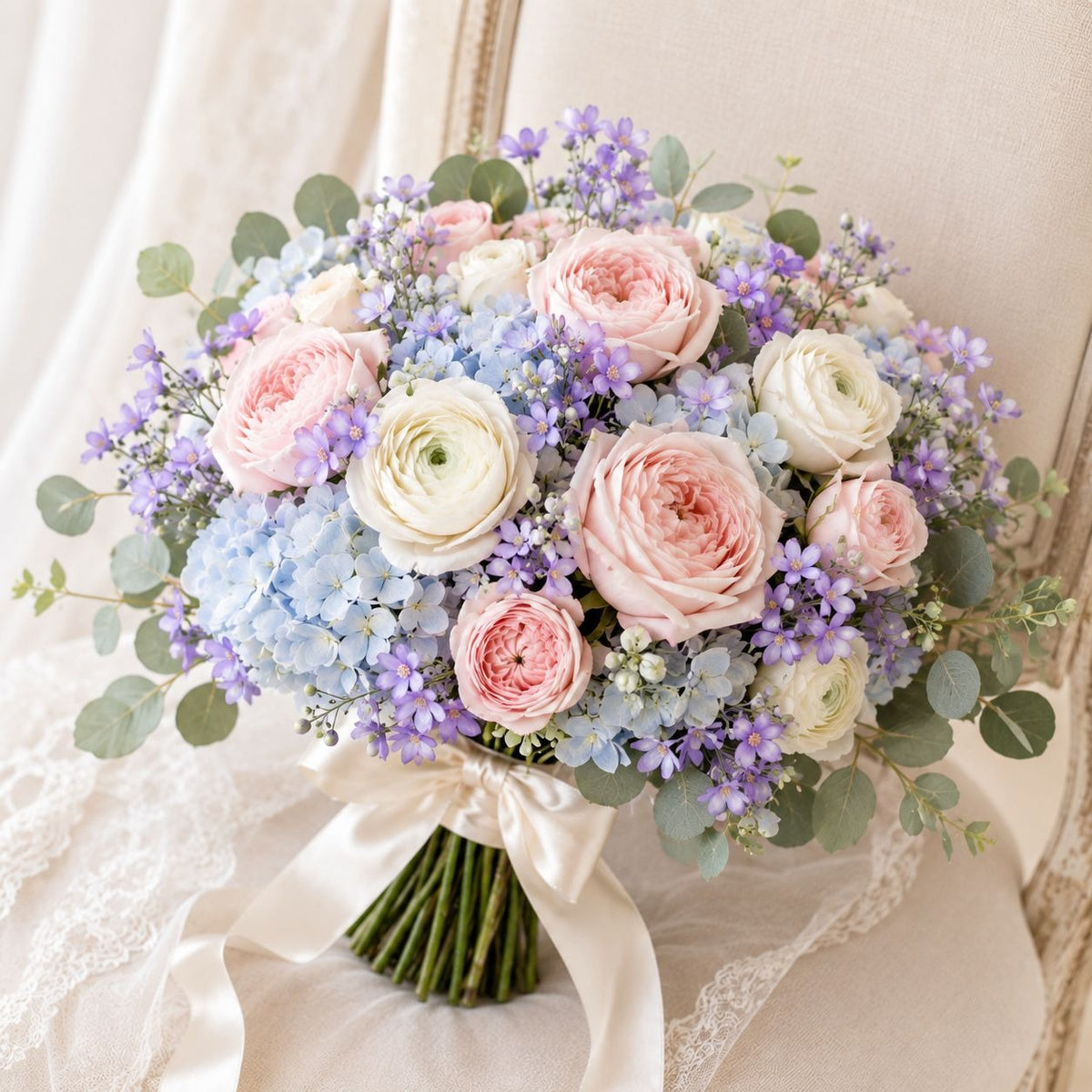 A bridal bouquet of pink and white flowers with light blue hydrangeas, purple filler blossoms, and green eucalyptus leaves, tied with a cream satin ribbon and draped over a lace-covered surface.