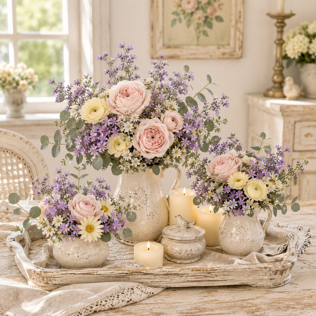 A rustic floral centerpiece arrangement in distressed ceramic pitchers and small vases on a weathered wooden tray, styled with candles, daisies, and pink and lavender flowers in a bright, vintage-inspired room.